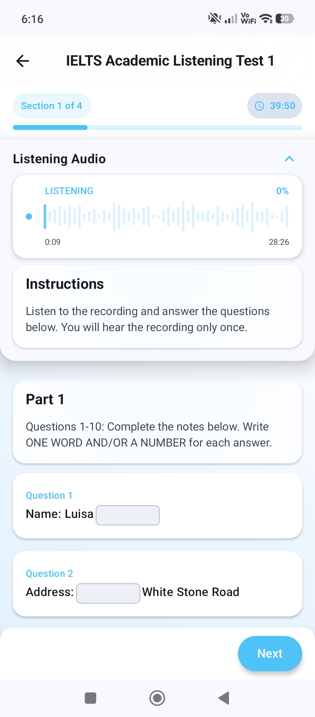 A listening test in progress in IELTS Maestro, with a running clock and audio played once