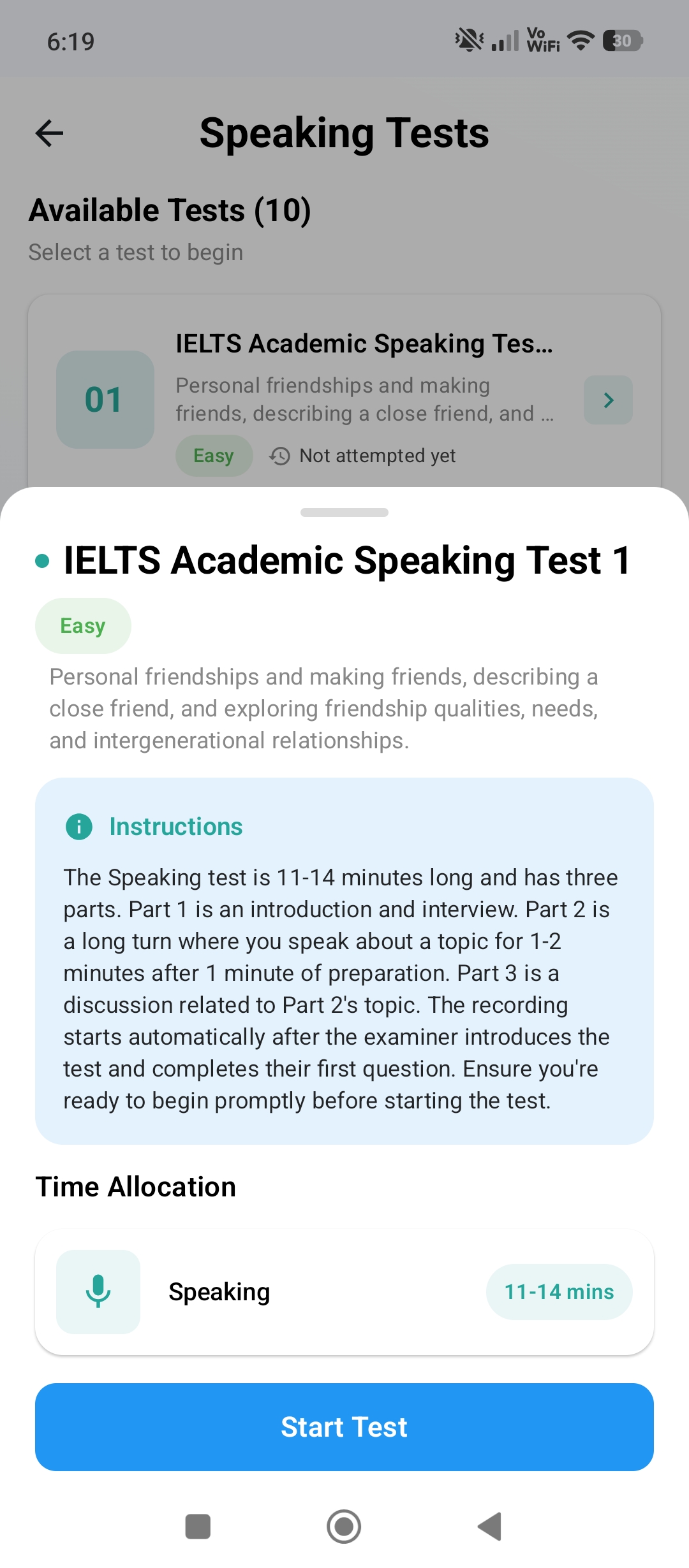 The three-part speaking test in IELTS Maestro, with interview, long turn and discussion