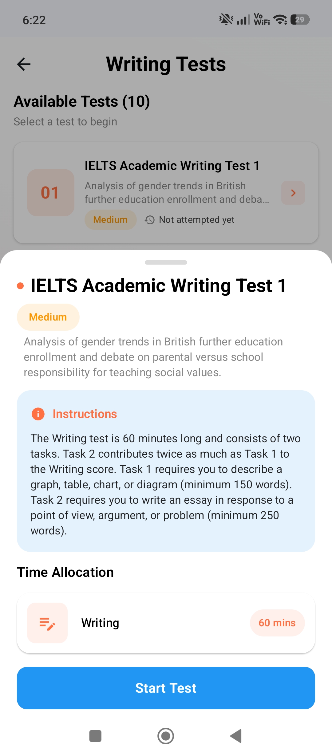 Both writing tasks under exam timing in IELTS Maestro