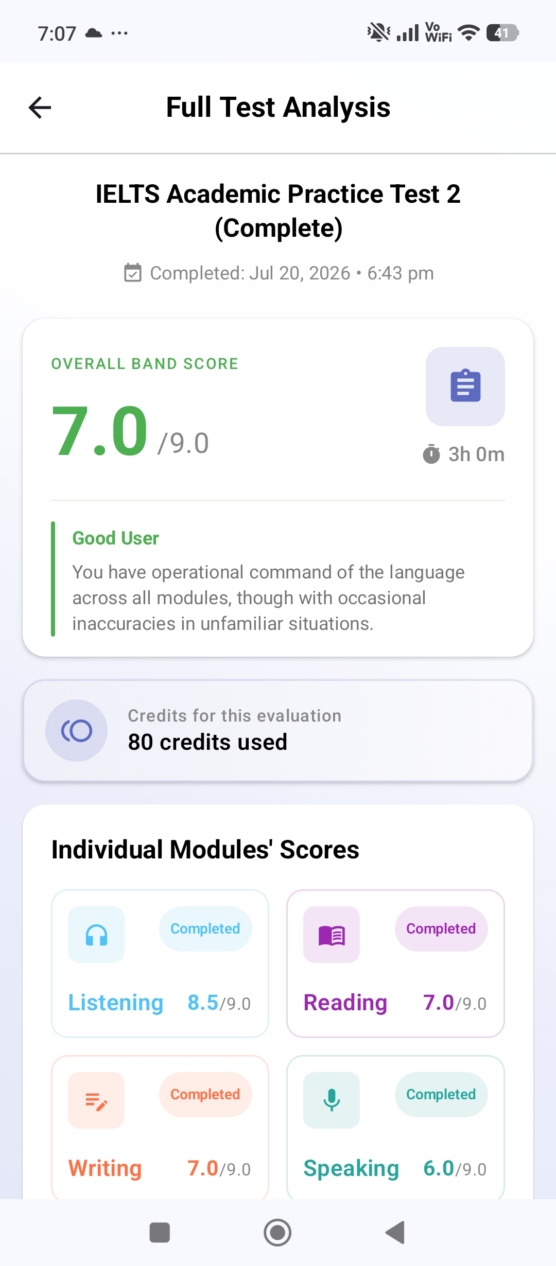IELTS Maestro full test analysis with an AI-scored overall band of 7.0