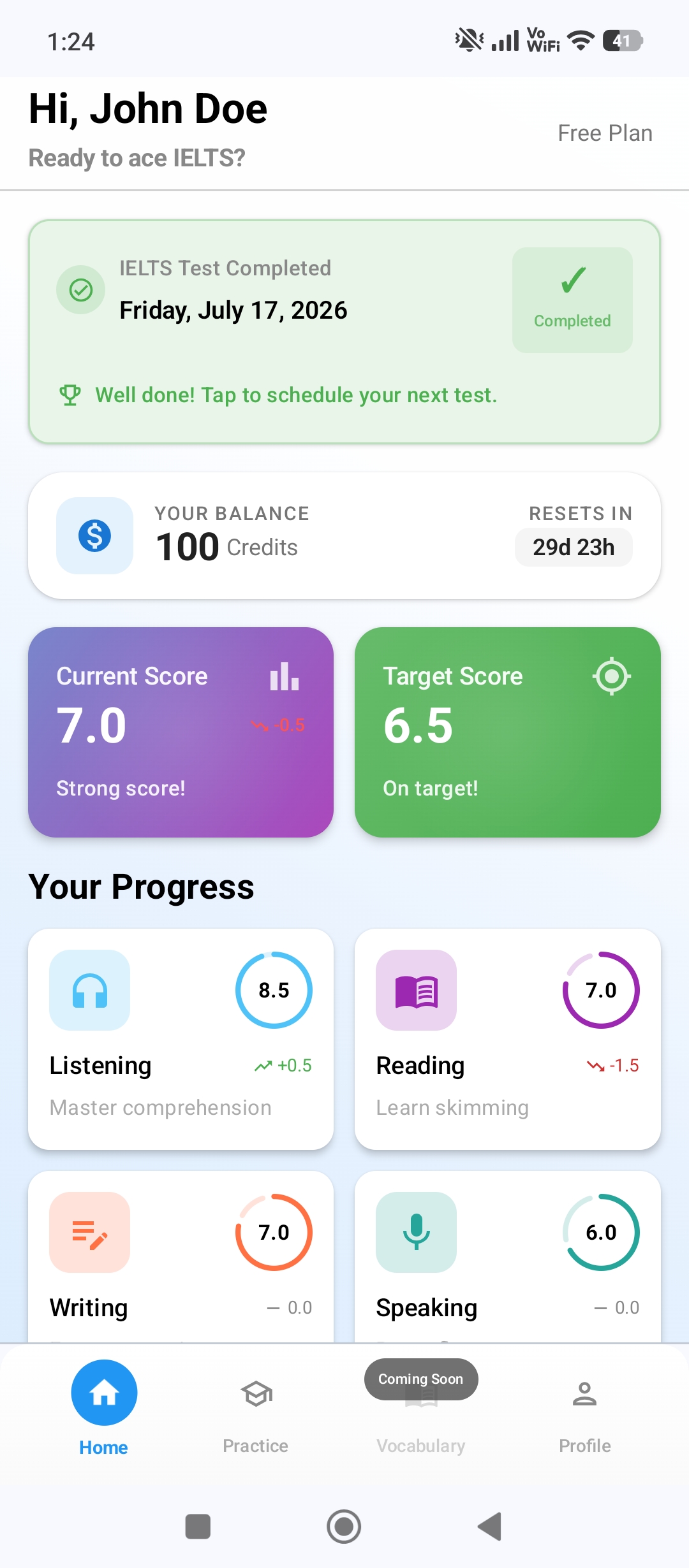 The IELTS Maestro dashboard showing current band, target band and per-skill progress