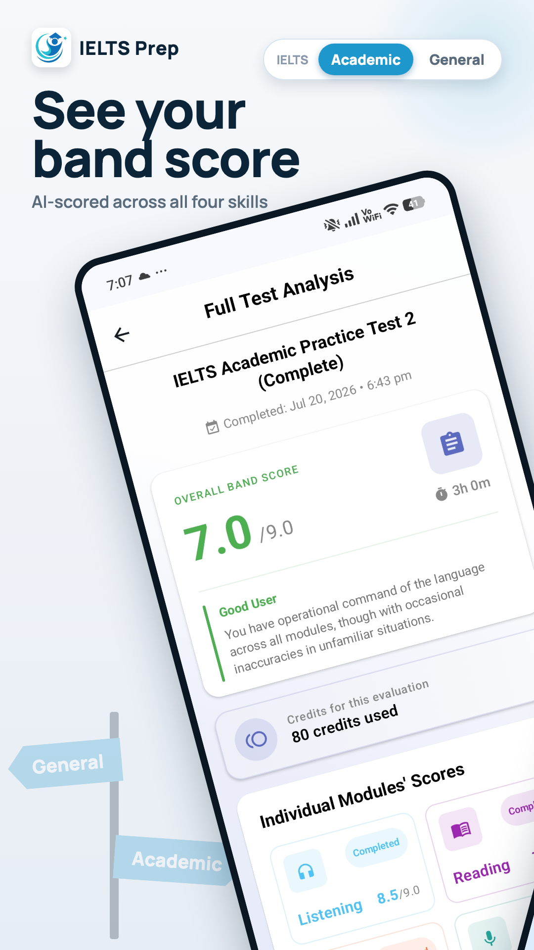 IELTS Maestro full test analysis with an AI-scored overall band