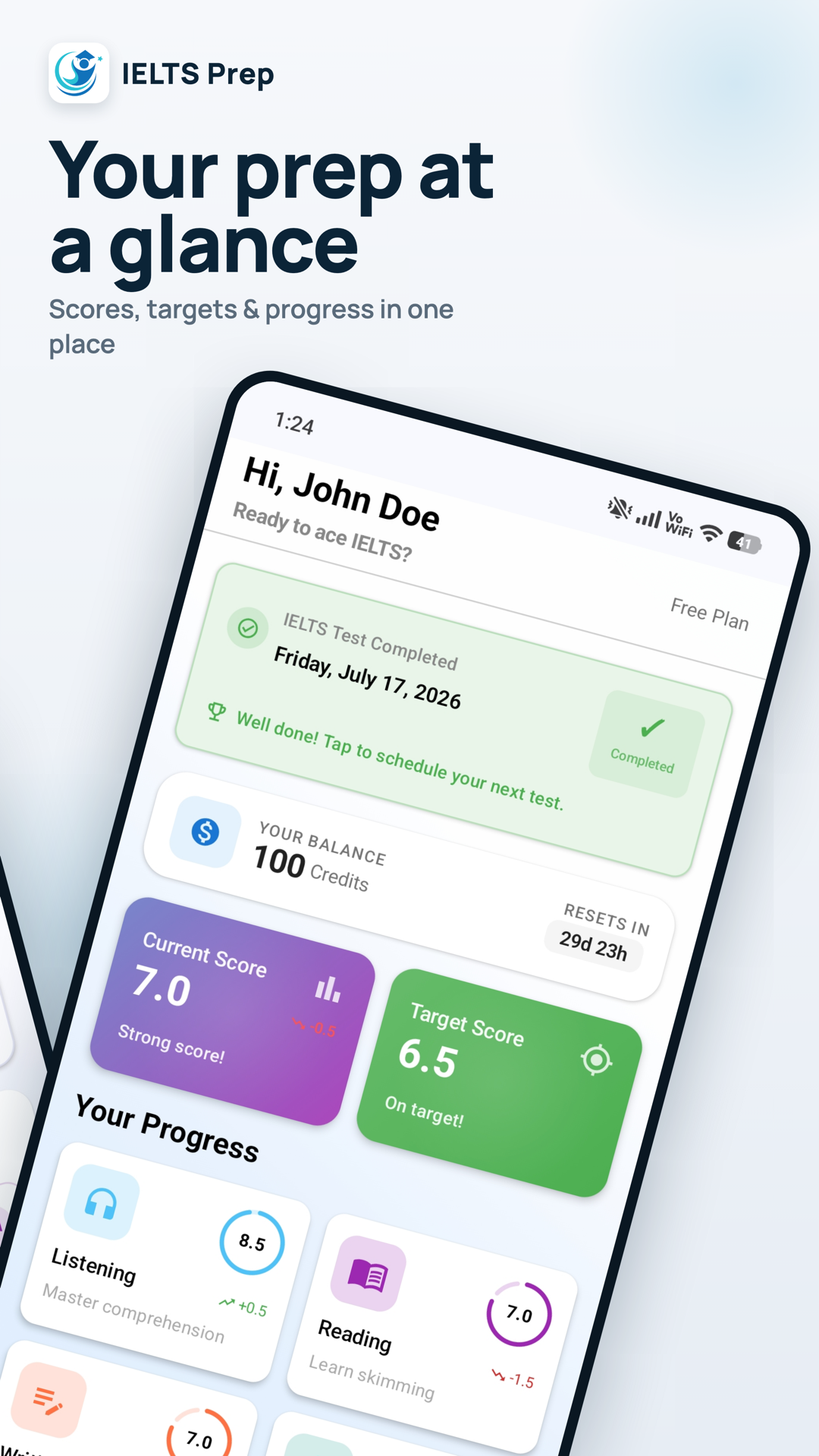 IELTS Maestro dashboard with scores, targets and progress