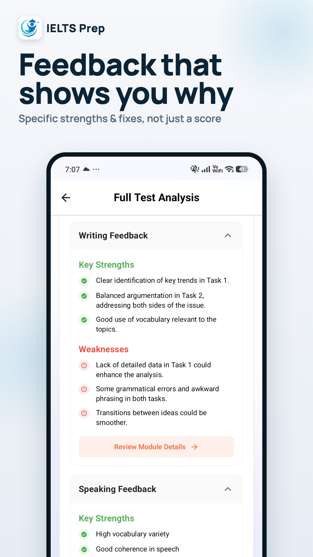 IELTS Maestro feedback showing specific strengths and fixes